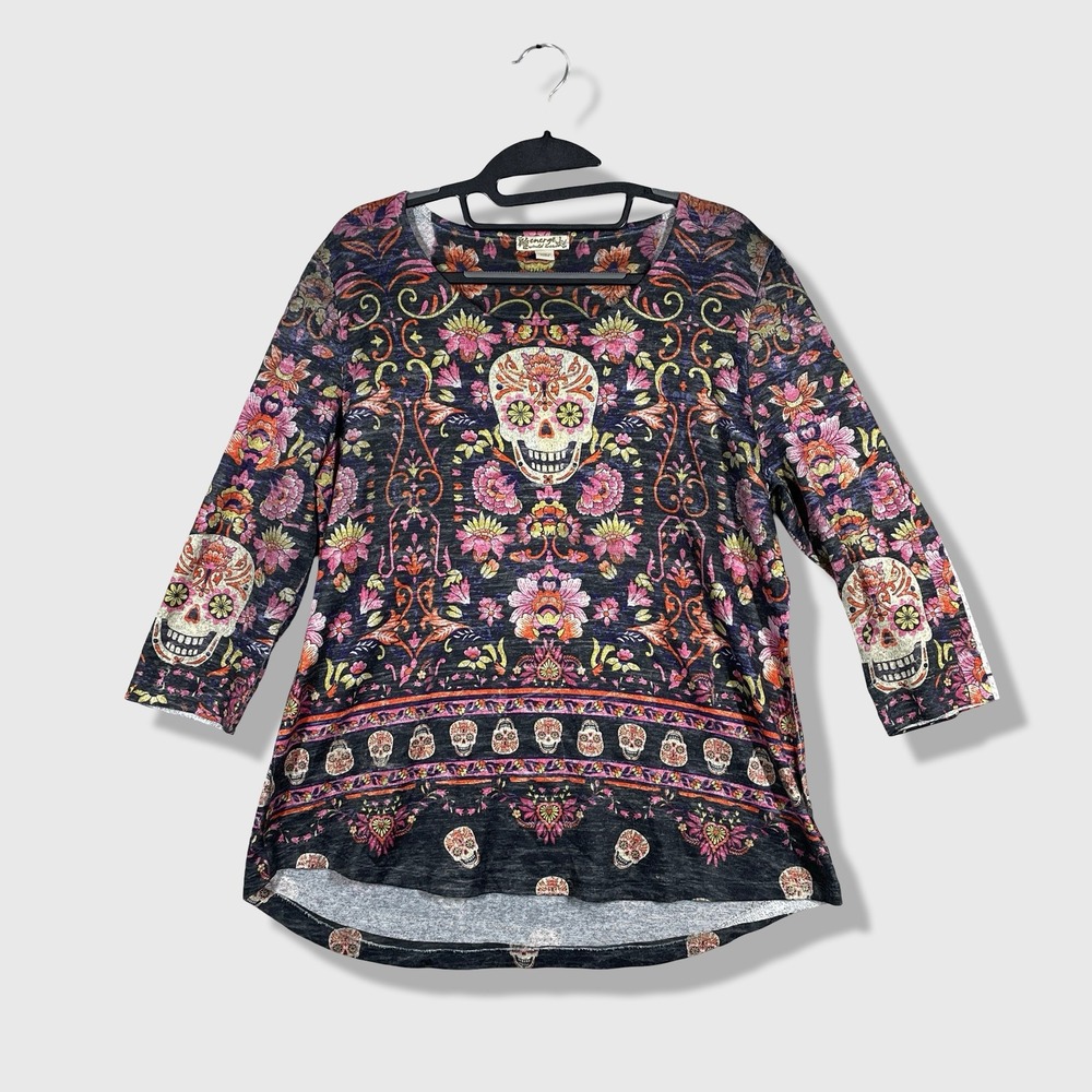 Energe World Wear Top Womens L Sugar Skull Boho Gothic Halloween Day of the Dead